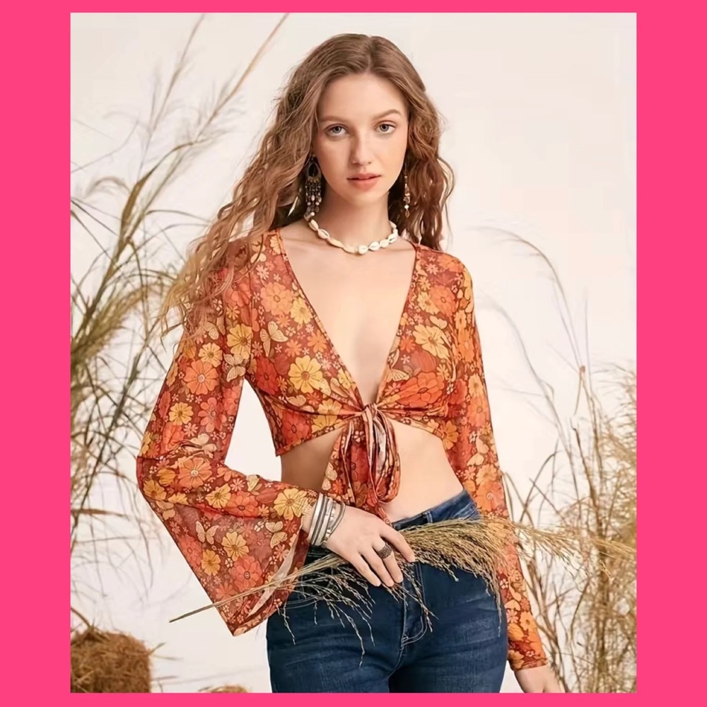 Autumn Floral Print Long Bel Sleeves Tie Up Crop Top